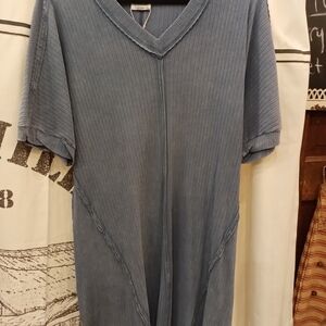 New in Acid‎ Washed blue Ribbed V-Neck Midi Dress